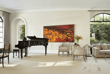Living room with a grand piano, chairs, and a colorful music abstract painting on the wall.