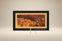 Framed artwork with musical notes on a beige background