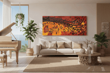 Living room with a grand piano, sofa, and colorful music abstract painting on the wall.