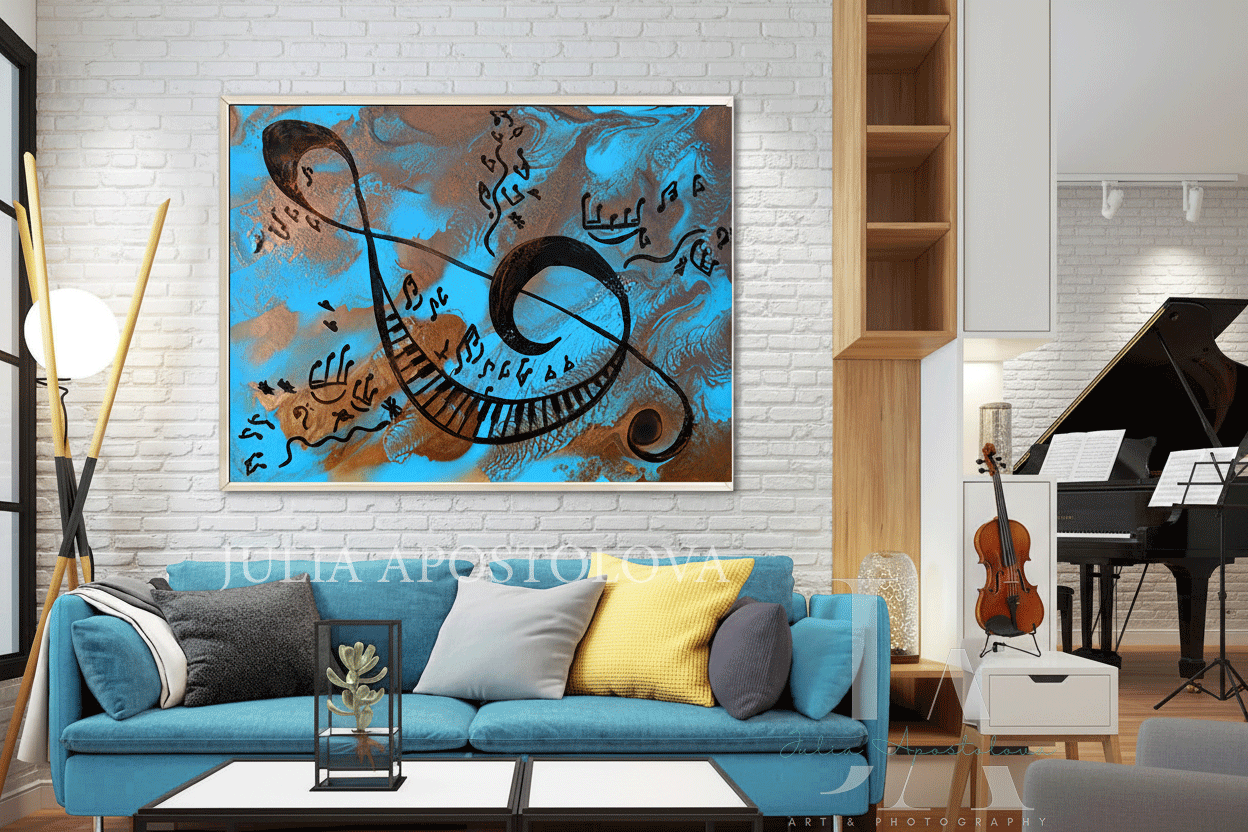 Blue Musical Painting, Canvas Print with Sol Key, Piano, Music Blue Musical Painting, Canvas Print with Sol Key, Piano, Music