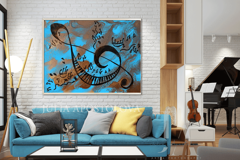 Blue Musical Painting, Canvas Print with Sol Key, Piano, Music