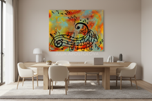 Dining room with a colorful abstract painting of musical notes on the wall.