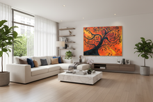Modern living room with a colorful music abstract painting on the wall.