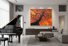 Modern living room with a grand piano, gray sofa, and colorful music abstract painting on the wall.