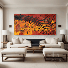 Modern living room with a large abstract painting of musical notes on the wall.
