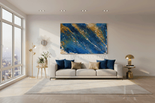Navy Blue Abstract Ocean Painting with Gold, Galaxy Wall Art,Space Canvas Art Print Julia Apostolova