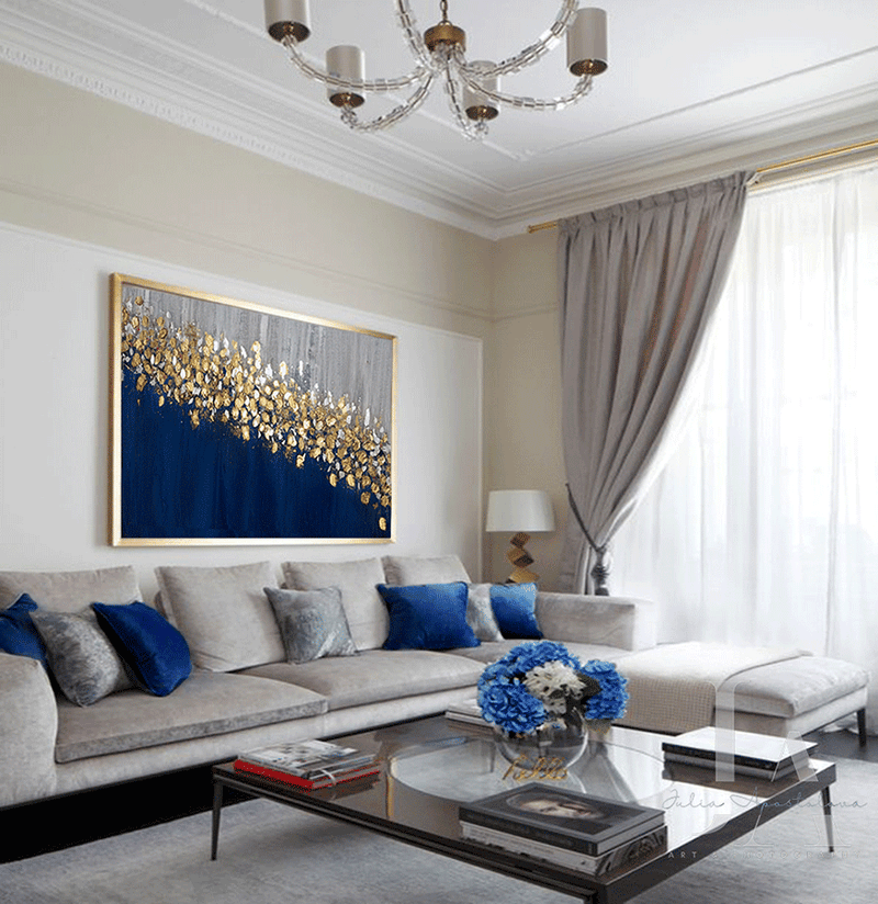 Navy Blue Gold Abstract Painting Large Minimalist Wall Art Unique Gold Leaf Canvas Modern Decor