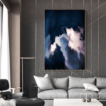 Indigo Wall Art of Stormy Clouds Large Cloud Blue Painting Canvas Print from Original Cloud Painting by Julia Apostolova, Dark Cloud Wall Art Painting Large Modern Trend Decor, Large Cloud Wall Art Dark Blue Painting over couch in blue living room decor setting, blue wall decor, navy blue painting, blue decor, blue canvas art, art gifts for him, art gift for friends, art gift, art for master bedroom, abstract painting, abstract print, huge abstract art, Cloudscape Abstract Wall Art Contemporary Art Abstract