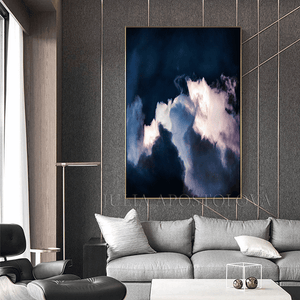 Indigo Wall Art of Stormy Clouds Large Cloud Blue Painting Canvas Print from Original Cloud Painting by Julia Apostolova, Dark Cloud Wall Art Painting Large Modern Trend Decor, Large Cloud Wall Art Dark Blue Painting over couch in blue living room decor setting, blue wall decor, navy blue painting, blue decor, blue canvas art, art gifts for him, art gift for friends, art gift, art for master bedroom, abstract painting, abstract print, huge abstract art, Cloudscape Abstract Wall Art Contemporary Art Abstract