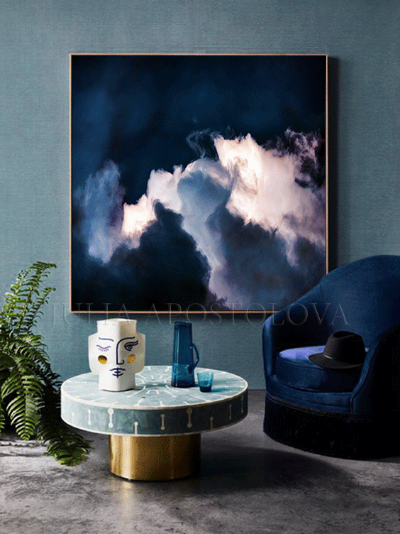 Stormy Clouds Navy Blue Wall Art Cloud Painting Large Canvas Art