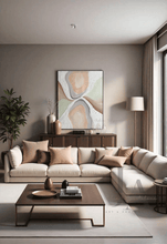 Neutral Abstract painting with beige , gray , white and sage green colors in a modern living room . Original Painting by artist Julia Apostolova , with organic shapes, Stretched and Ready To Hang on the wall.