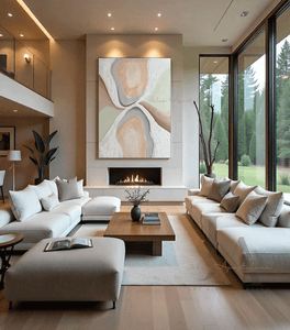 Neutral Abstract painting with beige , gray , white and sage green colors in a modern living room . Original Painting by artist Julia Apostolova , with organic shapes, Stretched and Ready To Hang on the wall.