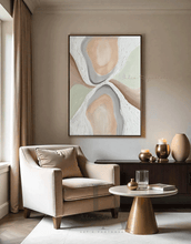 Neutral Abstract painting with beige , gray , white and sage green colors in a modern living room . Original Painting by artist Julia Apostolova , with organic shapes, Stretched and Ready To Hang on the wall.