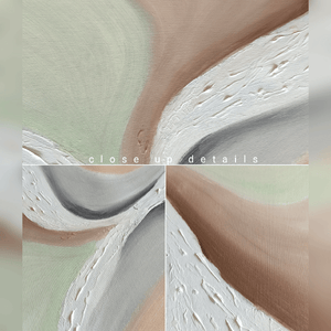 Close ups Details of Original Neutral Painting by artist Julia Apostolova , with organic shapes , gray, beige , sage green and white color scheme.