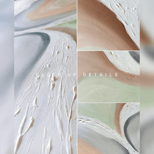 Close ups Details of Original Neutral Painting by artist Julia Apostolova , with organic shapes , gray, beige , sage green and white color scheme.