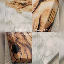 A collage showing a stretched canvas with an abstract marbled pattern in warm brown, beige, and white, with text overlay reading 'STRETCHED CANVAS & Ready to Hang'.