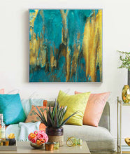 Teal Gold Leaf Abstract Painting Minimalist Wall Art Canvas with Shining Accents, Modern Decor