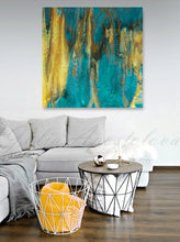 Teal Gold Leaf Abstract Painting Minimalist Wall Art Canvas with Shining Accents, Modern Decor