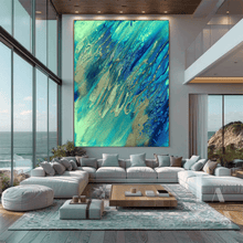 Modern living room with a large ocean abstract painting of blue and green on the wall, by artist Julia Apostolova.