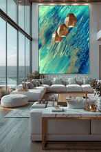 Modern coastal living room with a large abstract painting on the wall, featuring blue and green colors, by artist Julia Apostolova.