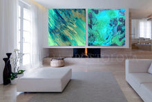 Modern living room with teal blue ocean abstract turquoise artwork on the wall, by artist Julia Apostolova
