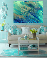Living room with a beige sofa, coffee table, and abstract blue and green painting on the wall, by artist Julia Apostolova