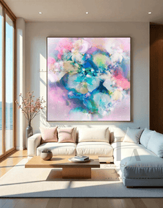 Modern living room with a colorful pastel pink abstract painting on the wall.