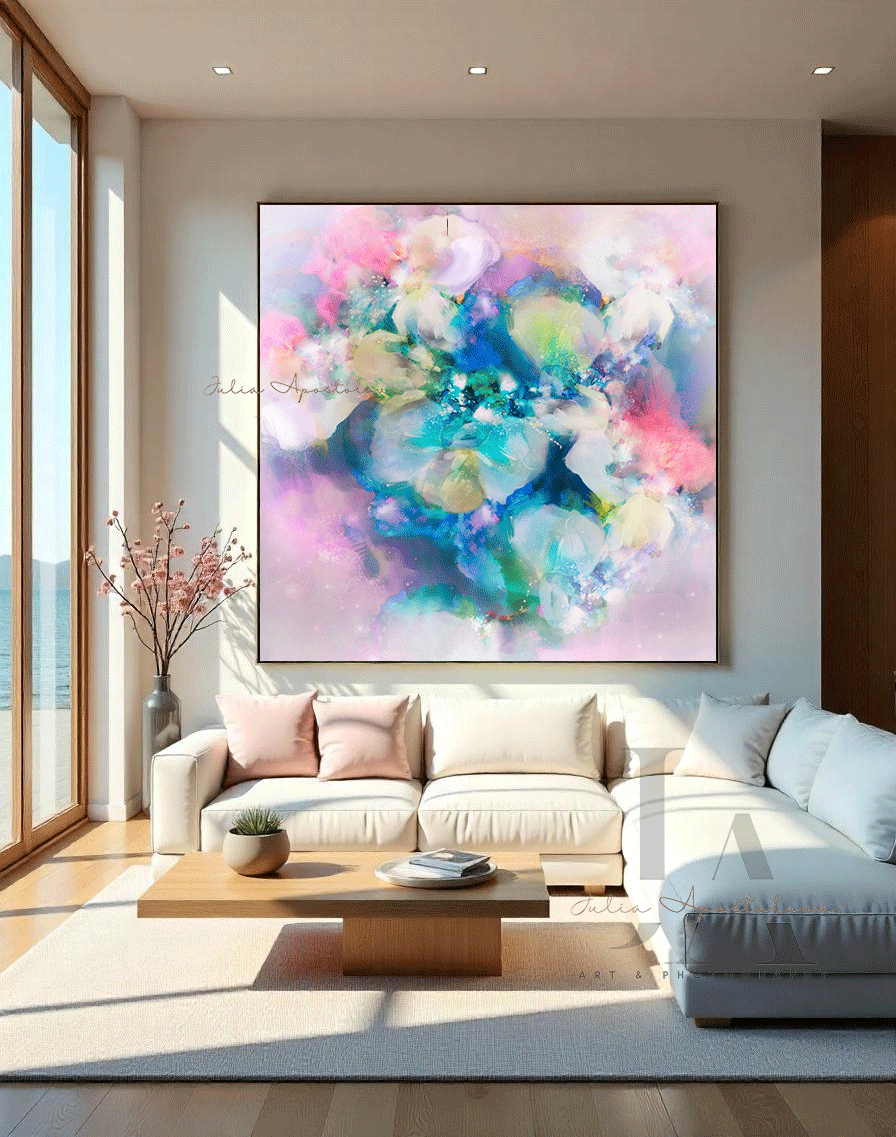 Modern living room with a colorful pastel pink abstract painting on the wall.