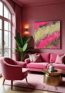 A chic contemporary living room space featuring a bold contrast of colors and textures. The focal point is a large minimalist painting in fuchsia pink color, gold, and greens, a pink plush velvet sofa, exuding luxury and comfort , adorned with decorative pink cushions , a round old coffee table next to it, pink colored walls, and a large window overlooking a cityscape.  There are tall plants in the corners, creating a warm and inviting atmosphere 
