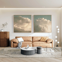 Vintage Clouds, Two Abstract Paintings, Canvas Print Wall Art Set over coach in livingroom setting, Nordic Style, Boho Decor, set of two, cloud paintings, 2 wall art for bohemian decor, scandinavian design, minimal wall art, minimalist painting, cloudscape wall art, dreamy art, scandinavian art, nordic design, scandinavian design style, julia apostolova, sage green, beige colors, oil painting print, modern wall decor, wall art decor, wall art, contemporary two abstract prints, modern decor