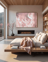 Large cloud painting with a blush pink, clouds covering the entire canvas. The painting is displayed on the wall over fire place of a cozy bedroom . The room features a vase with pink flowers,  a large window, creating a warm and inviting atmosphere