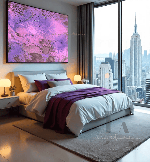 Modern styled bedroom with vibrant horizontal colorful abstract painting futured purple, lilac and pink colors. The overall design is sleek and contemporary, with a focus on natural light and a large floor-to-ceiling windows overlooking the cityscape view. The room features a large, low modern low bed, and decorative elements, lamps, a plush area rug. The overall design is sleek and contemporary, with a focus on natural light and the stunning cityscape view.