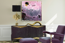 Modern interior with a purple armchair, sideboard, and abstract painting on a wall.