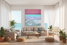 Modern living room with a large abstract painting on the wall, featuring a beach scene.