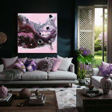 Modern living room with a gray sofa, pink abstract painting by Julia Apostolova, decorative elements, boho decor, and garden view.