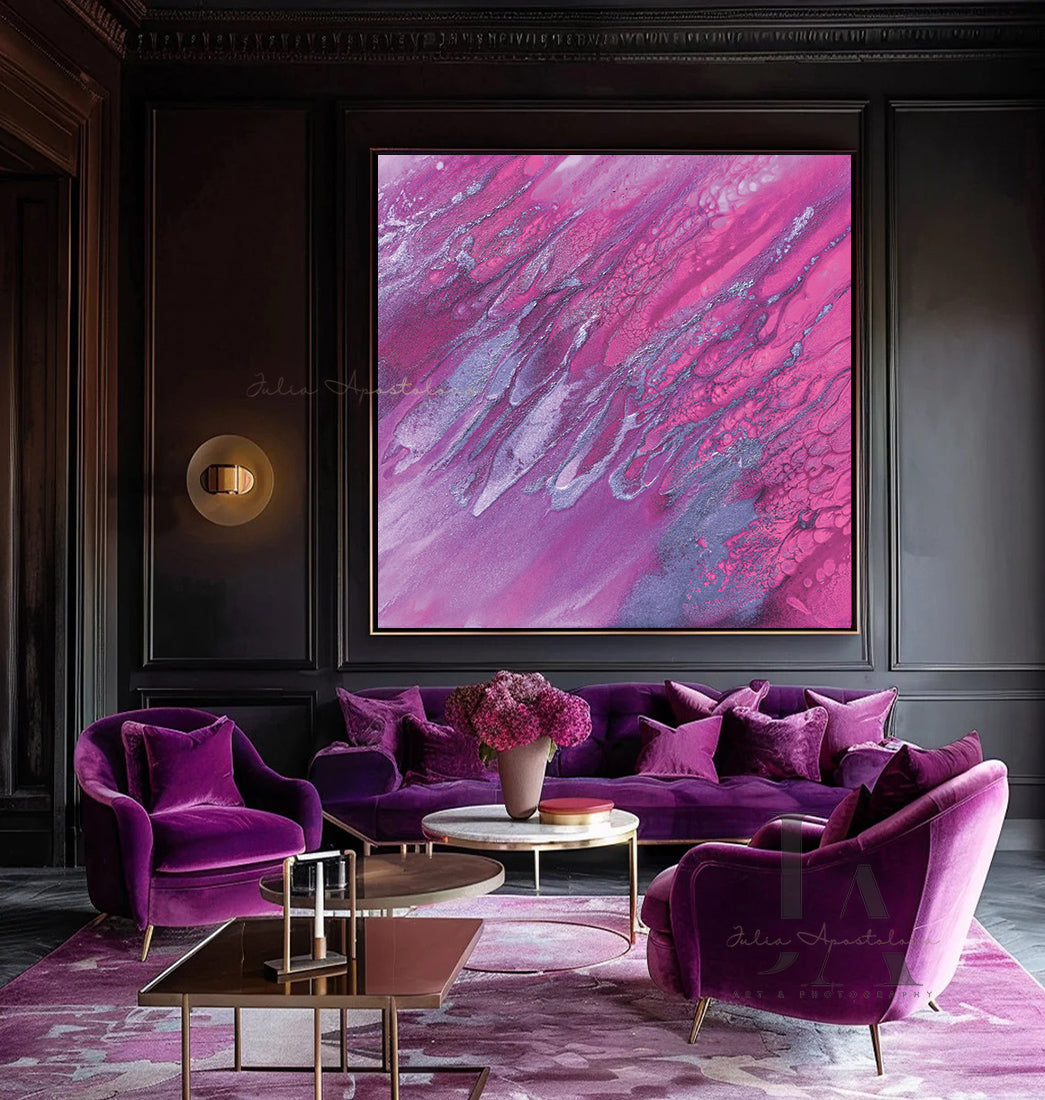 Luxurious living room with purple furniture and a vibrant abstract purple painting.