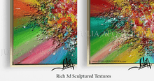 Close-up of 'Rainbow Soul' abstract painting showing pink-red, lilac, sage green, yellow, orange, blue-turquoise colors, and sculptured rich 3d textures, showcasing boho and wabi sabi vibes.
