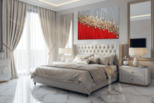 Modern bedroom with a large red gold silver painting, bed, nightstands, and decorative elements.