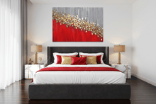 Modern bedroom with a bed, nightstands, and a large red gold silver abstract painting on the wall, with real gold leaf, by artist Julia Apostolova.
