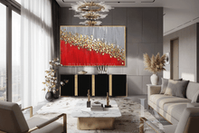 Modern living room with a large red gold abstract painting, furniture, and decor.