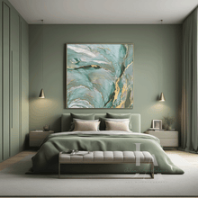 Modern bedroom with sage green walls, a bed, and sage green abstract art above, by artist Julia Apostolova.