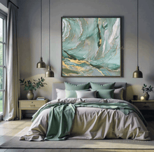 Modern bedroom with a bed, pendant lights, and sage green gold abstract artwork, by artist Julia Apostolova.