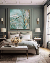 Modern bedroom with sage green gold leaf abstract painting, bed, and decor