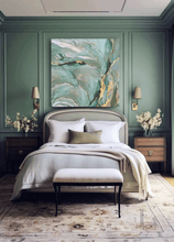Luxurious bedroom with elegant decor,  green walls, and a large green abstract painting by artist Julia Apostolova.