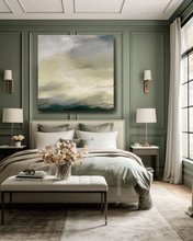 Sage Green Wall Art, hanging on sage green wall in bedroom decor setting with soft green color scheme. Framed Abstract Painting Extra Large Print on Canvas by Julia Apostolova. Perfect for Every interior, modern bedroom, boho decor or as Gift for Her