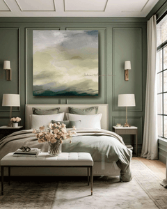 Sage Green Wall Art, hanging on sage green wall in bedroom decor setting with soft green color scheme. Framed Abstract Painting Extra Large Print on Canvas by Julia Apostolova. Perfect for Every interior, modern bedroom, boho decor or as Gift for Her