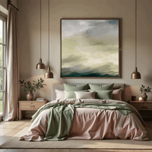 Sage Green Wall Art, hanging on beige wall in bedroom decor setting with soft green and pastel pink color scheme. Framed Abstract Painting Extra Large Print on Canvas by Julia Apostolova. Perfect for Every interior, modern bedroom, boho decor or as Gift for Her