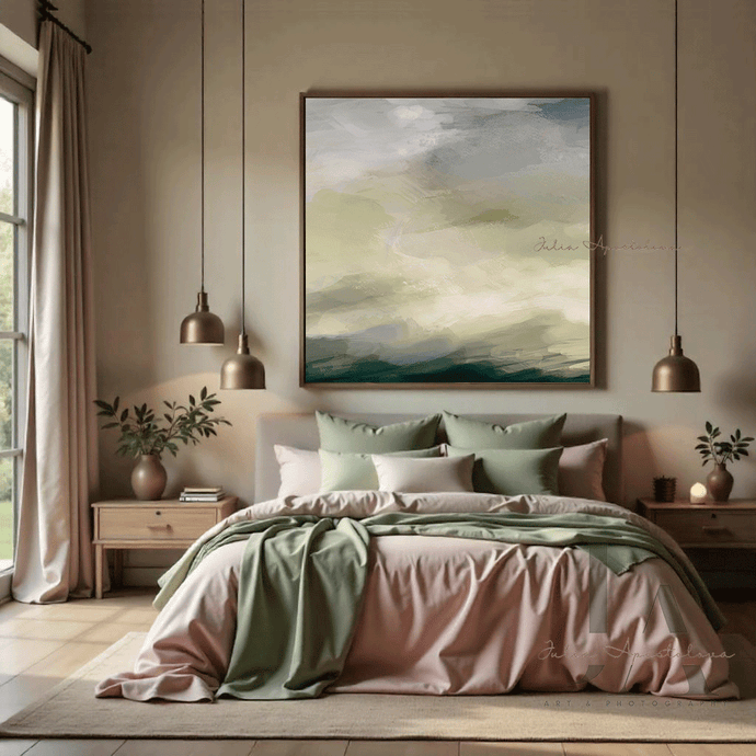 Sage Green Wall Art, hanging on beige wall in bedroom decor setting with soft green and pastel pink color scheme. Framed Abstract Painting Extra Large Print on Canvas by Julia Apostolova. Perfect for Every interior, modern bedroom, boho decor or as Gift for Her