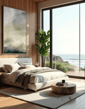 Modern bedroom with minimalist sage painting, large windows, ocean view, and decorative elements.