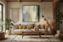 Cozy living room with sage green painting, a wooden coffee table, plush sofa, and decorative elements.